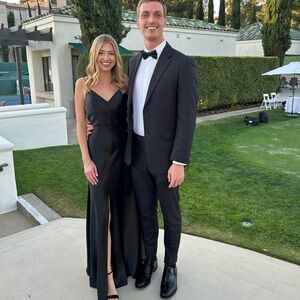 Jenny Yoo Dina sleeveless formal floor length Satin dress Black Wedding SZ 4